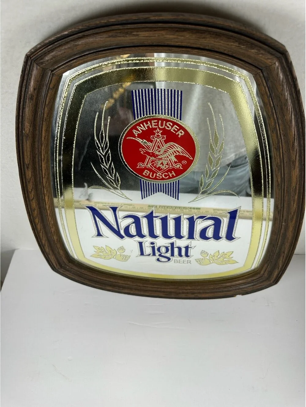 Vintage Natural Light Beer Mirror Sign Anheuser-Busch Wood Frame C-12